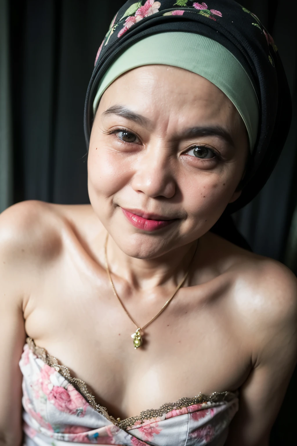 ((Old lady:1.5)), ((FLAT CHEST:1.6)), (Happy smile), (((HIJAB MALAY GIRL))), masutepiece, High quality, UHD 32K, Realistic face, Realistic skin feeling , A Japanese Lady, 58 years old matured lady, , Very cute and baby-like face, (((FLAT CHEST))), (Night time at forest), ((look In front at the camera and SADNESS)), (((WHITE FLUORESCENT))), (((CUTE GIRL))), ((LIGHT GREEN FLUORESCENT LIPS)), ((Floral Pattern)) little wearing strapless bra, strapless colorful bra, dark night background , black forest night, horror scary place, (from behind up) seductive pose