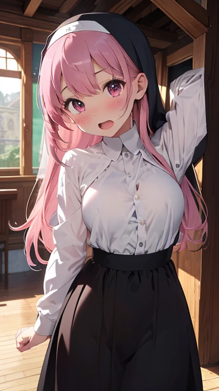 masterpiece、highest quality、Very detailed、Photograph the upper body、1 female、(Put your arms behind your back:1.2)、Are standing、Turn your body forward、View your viewers、(nun costume)、blush、shy、(trembling:1.2)、Pink Hair、Open your mouth、church、night、