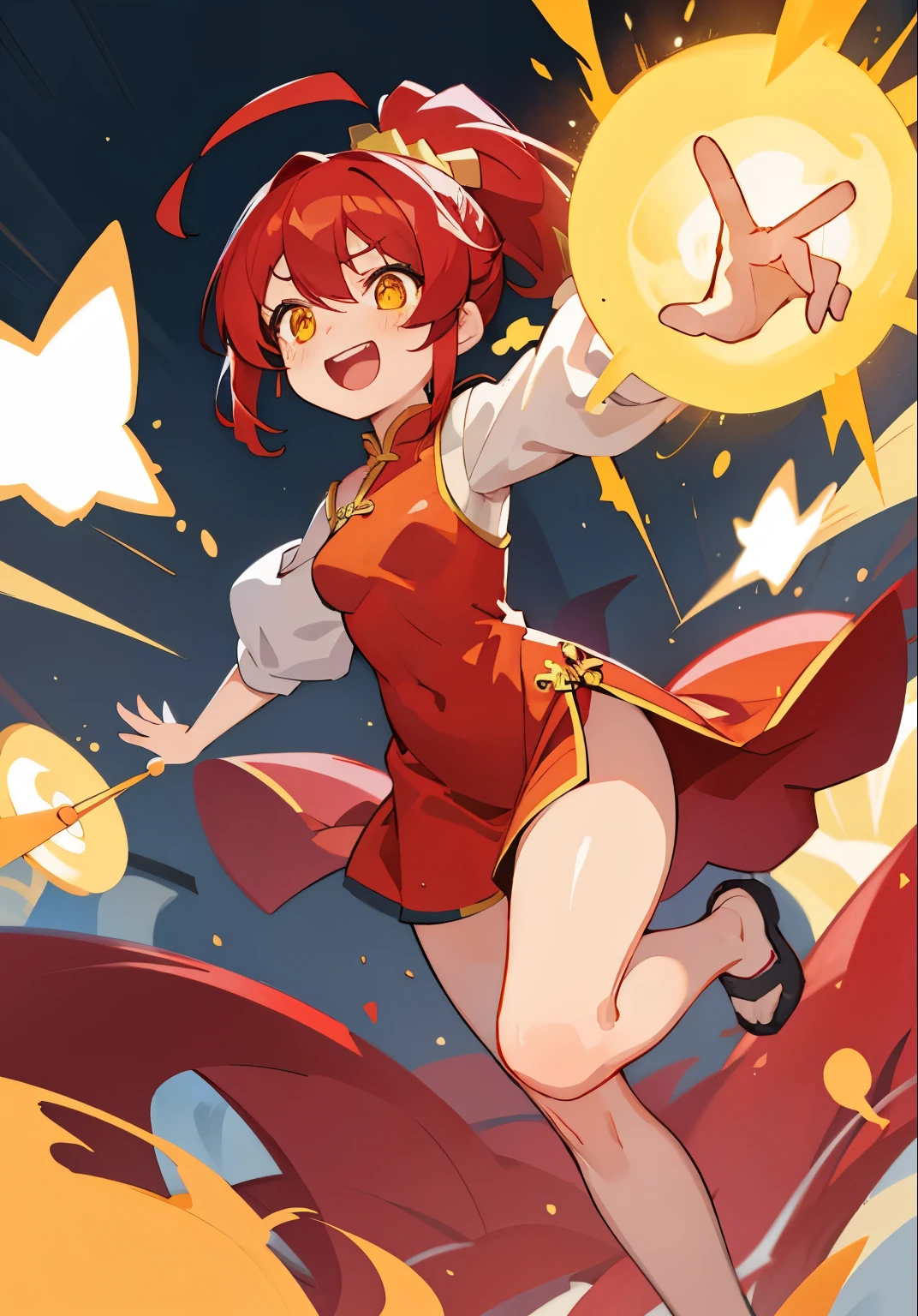 masterpiece, highest quality, Poor breasts、crimson hair、ponytail、Glowing yellow eyes、Bangs between the eyes、Ahoge, China dress,slender legs、8--old、tatic expression、explosion、I love hold、Spurting body fluids、I feel good!、Don't look、Entangled Tentacles