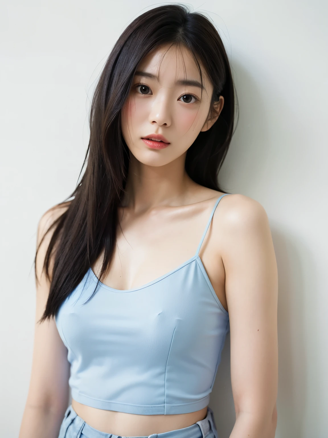 See-through tops、Big Breasts、camisole、(背景にWhite wall、Some of her hair is sky blue:1.4)、White wall、Taken in front of a white door、(窓のあるWhite wallの部屋)、((highest quality、8k、masterpiece:1.3))、Ultra-high resolution、(photoGenuineistic:1.4)、RAW Photos、Japanese,(Detailed aspect)、Genuine、Photographed in natural light、Highly detailed face and skin texture、Highly detailed lips、The correct state of the human body、Medium Hair、Black Hair、Various poses、Natural color lip