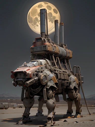 masterpiece,best quality,ultra detailed, realistic, super realistic, non-humanoid robot, multiple missile pod on back, machinery, mechanical arms, no humans, desert, full moon, straight-on, four-legs robot, ruins, science fiction,