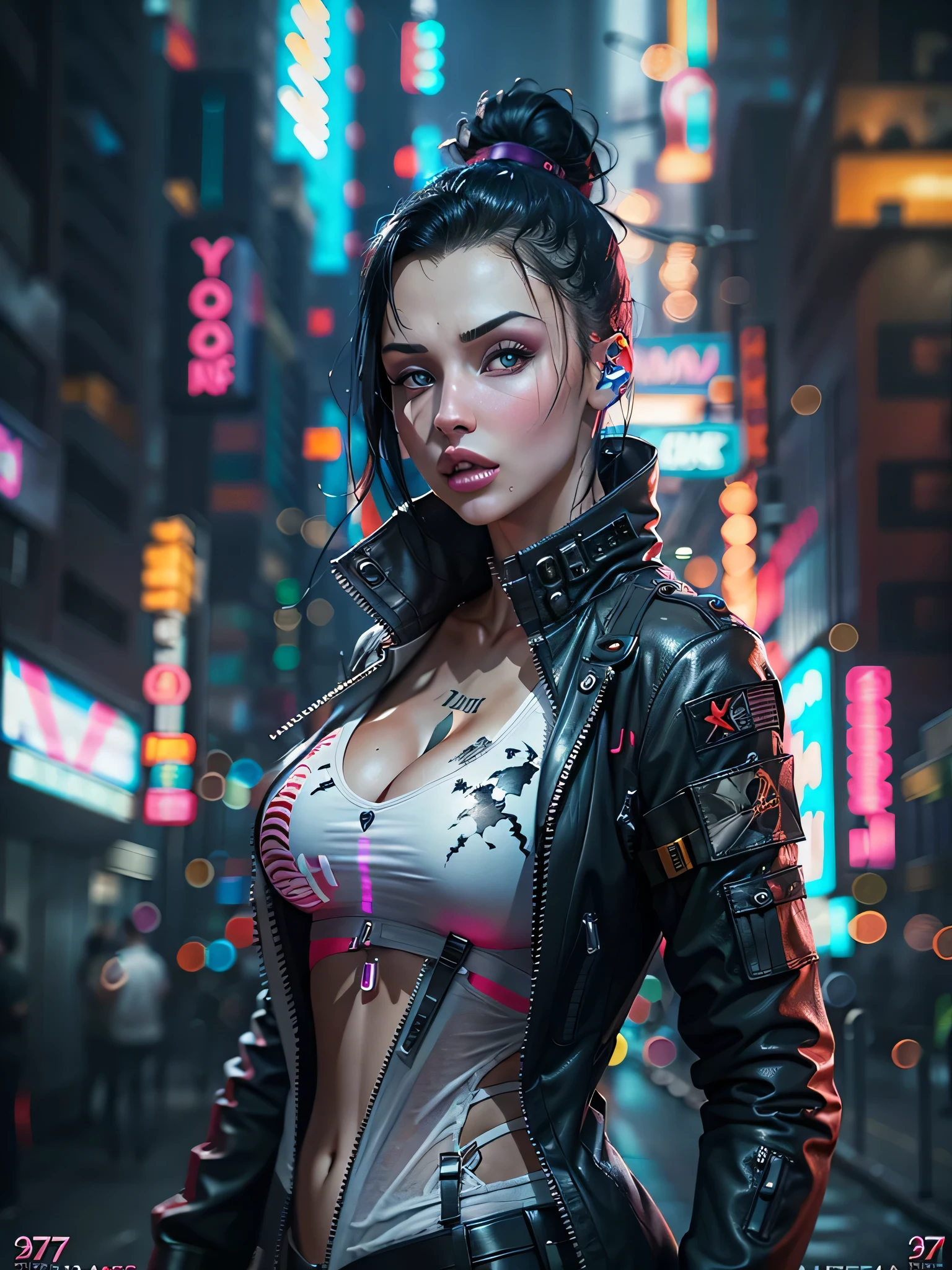 Beautiful cyberpunk woman, 19 years old, (Best quality, ultra realistic, masterpiece), Black hair ponytail, Beautiful eyes, Pale skin, Delicate face, Detailed mouth, Detailed eye, Pointed nose, Open mouth, Shiny face, Serious face, Angry, Wearing futuristic jacket, (Cyberpunk city 2077), Neon lights., AlettaOceanQuiron woman