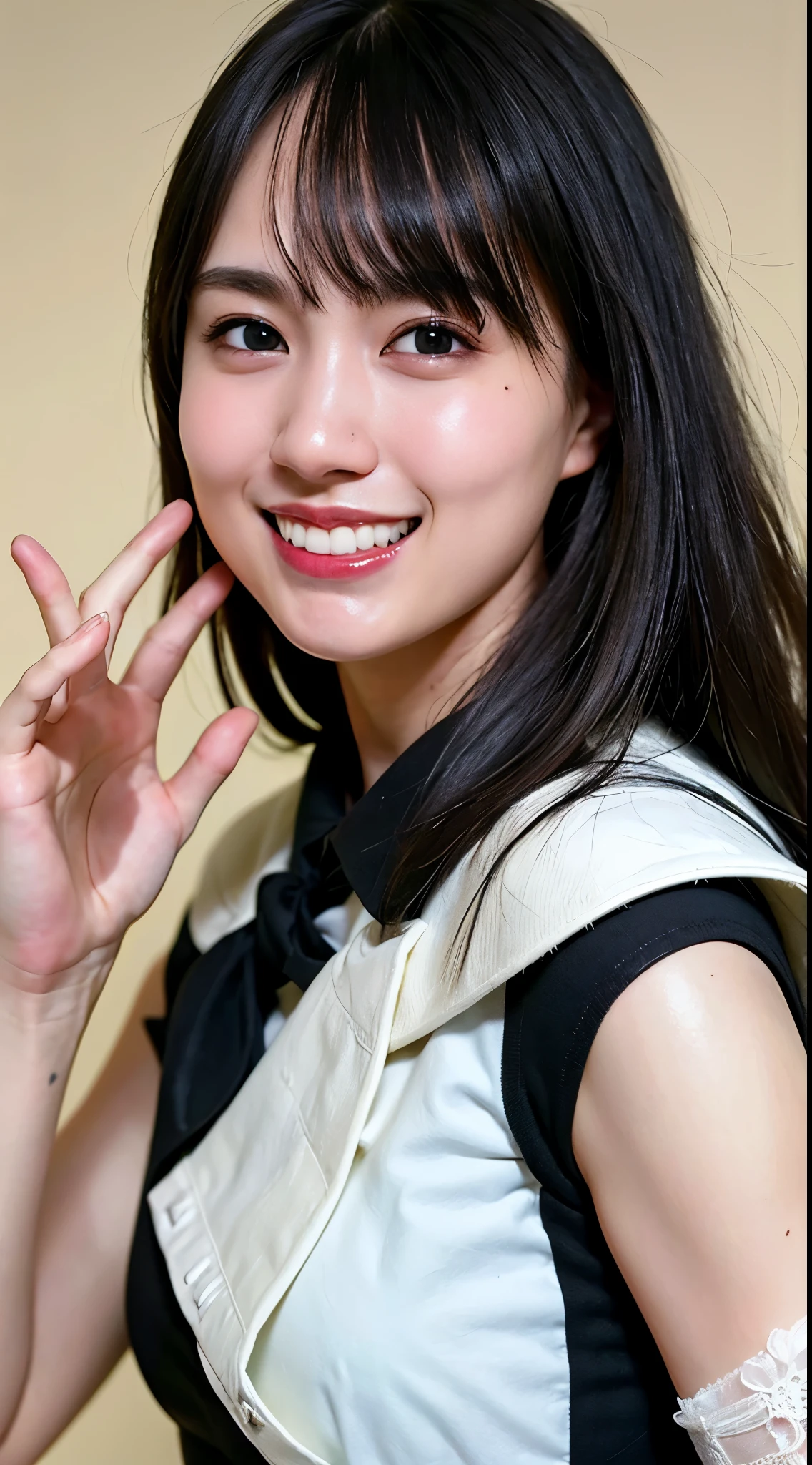 ((highest quality, 8k, masterpiece: 1.3)), sharp: 1.2, Perfect body beauty: 1.4, Slim Abs: 1.2, (whole body: 1.2), (Tight, off-the-shoulder, see-through), (Underbust: 1.1),  (Looking down at the camera)、Round face shape、Give a soft impression。Big eyes、Have a natural facial expression that makes it look like they are blinking.。Adding double eyelid and eyelash details。Thin eyebrows、It has a natural shape、On the eye。Eyebrow arch is natural、Compliment their facial expressions。eyes are shining brightly、Make a lively impression。Pupil size and color are natural、Create an attractive look。Adds natural shadows and highlights around the eyes、Expressing a three-dimensional effect。
Add fine lines around the eyes and creases on the eyelids.、Achieve a realistic look。The mouth is soft, Smiling face.。lips are plump、Painted in natural colors。
Beautiful teeth alignment、We will create a natural shape that is unique to you.&#39;laughing.。
The corners of the mouth turn up、Create a graceful smile。
Skin texture and expression:

Leaves skin smooth and radiant。The skin texture is natural、Moderate expression of pores and fine wrinkles。
Healthy skin color、Add natural shadows and highlights to create depth。
Gives skin a natural tone、Creates a healthy, bright appearance。
Light and shadow effects:

Considering the shadows and lighting conditions from the light source、顔のExpressing a three-dimensional effect。Wraps your face in soft light、create natural shadows。
Use light reflections and highlights、Enhances skin radiance and eye brightness。
Background and environment:

The background is simple、Choose colors and patterns that complement your facial featureake sure your face is clear of any obstructions。
Background color and brightness、Adjusting your face to enhance it。
