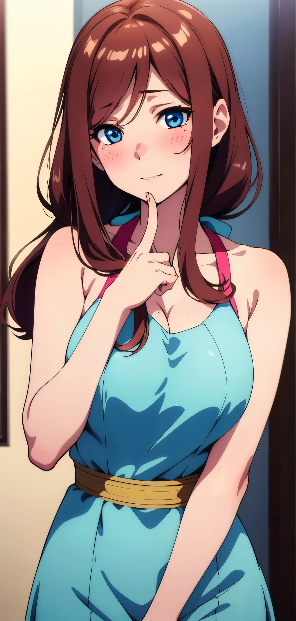 1girl,Miku nakano, sexy, detailed brown hair, beautiful detailed blue eyes, pinkish white skin, blushing, beautiful detailed face, happy expression, tight red dress, busty, arms crossed , hands detailed finger by finger , looking straight ahead , Good shadows, good lighting, 8k