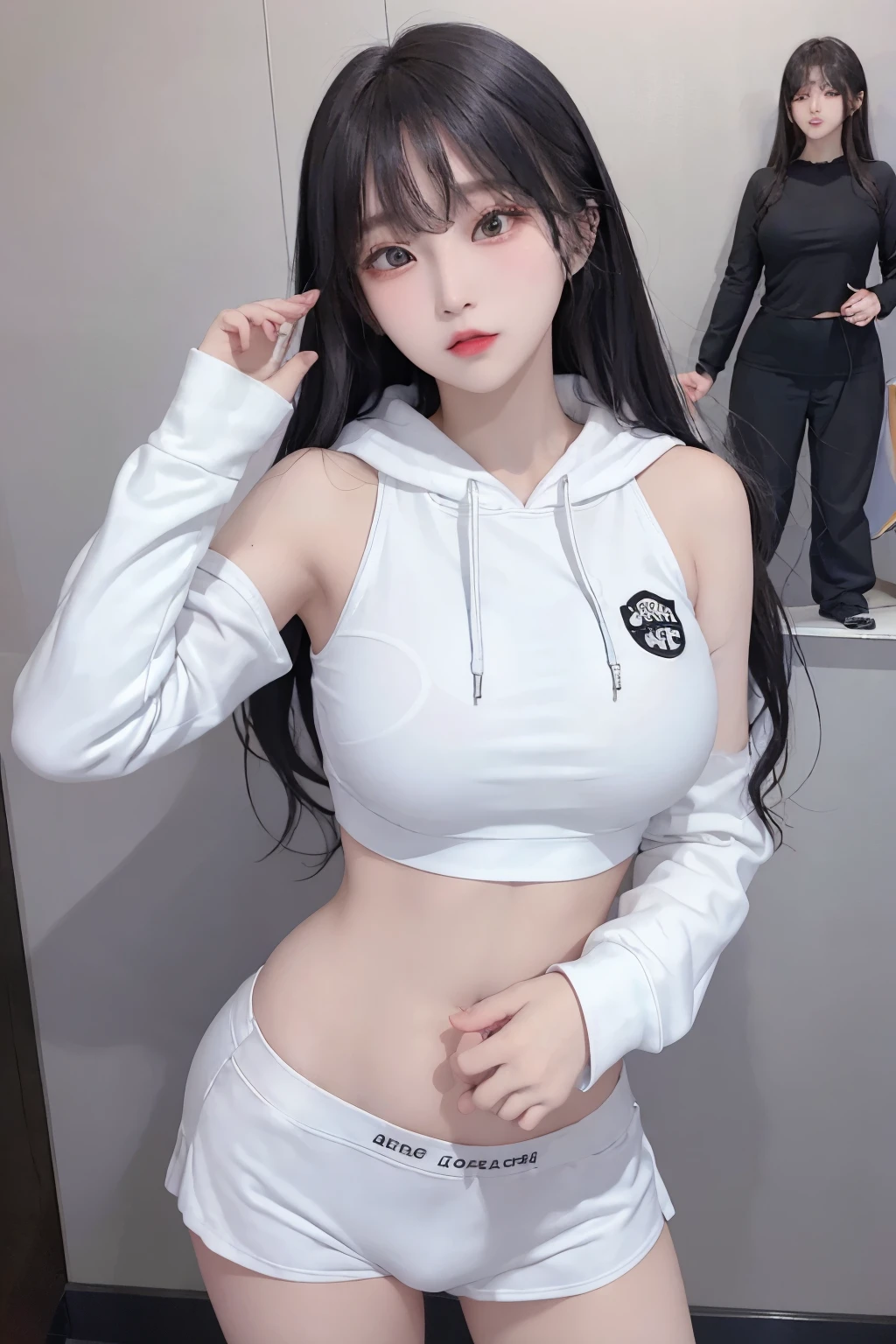 high image quality、Raw photography、20-year-old Korean、big round chest、white Hoodie without front closed、black lace underwear、Beautiful Eyes of Details、very elongated eyes、Beautiful eyelashes、Beautiful double eyelids、eyeshadows、(standing pose:1.5), wearing super tight boxers,