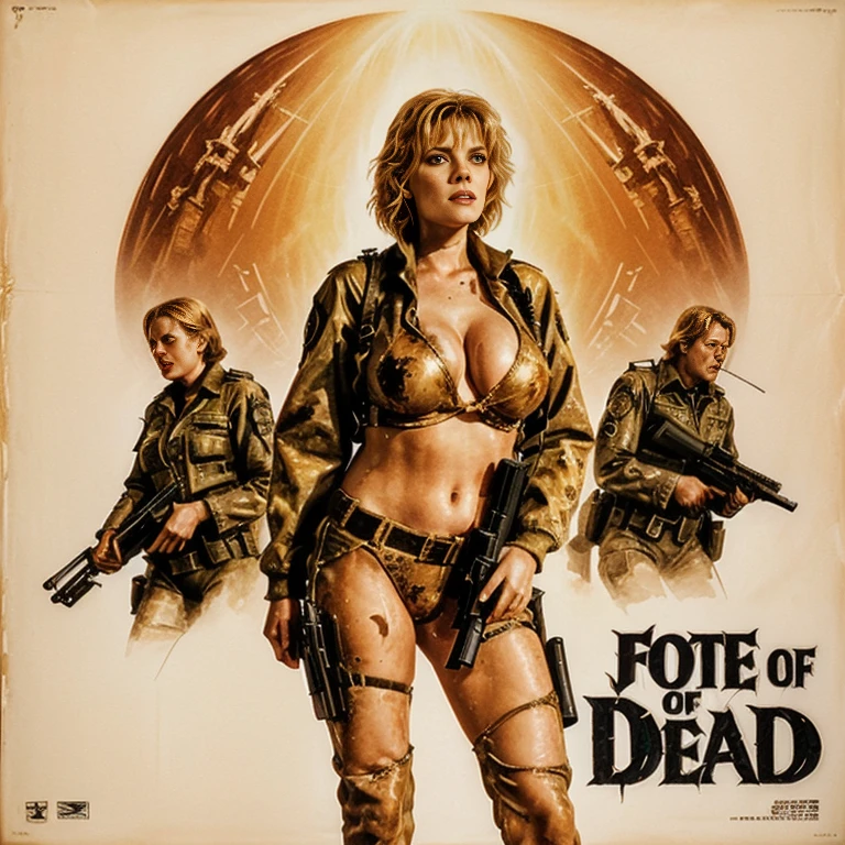 Fortress of the Dead - original motion picture soundtrack, horror film, A beautiful woman in the center stands in a full-body pose in a sexy bikini costume holding a gun, In the background is a creepy fortress with its companions、Spooky atmosphere、soundtrack jacket、Digitally Remastered, Kinematics」, John Maggs, Roy Dargano, Movie Posters, Album cover, 1 9 7 0 sMovie Posters, Oil painting