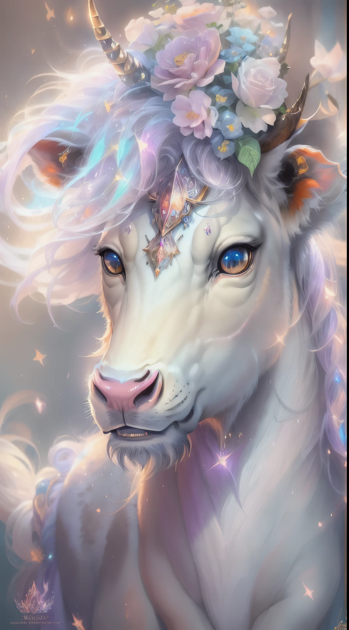 (((masterpiece))), (((best quality))), ((ultra-detailed)),(highly detailed CG illustration), ((an extremely delicate and beautiful)),cinematic light. This image is highly detailed, semi-realistic fantasy art with beautiful shimmer, glimmer, and glitter. Create a beautiful and graceful fantasy cow-unicorn. The creature should have the best features of both unicorn and cow. The creature is cute and graceful and elegant. Its eyes are highly detailed, with realistic shading and realistic details. Its fur is beautiful and shimmering.