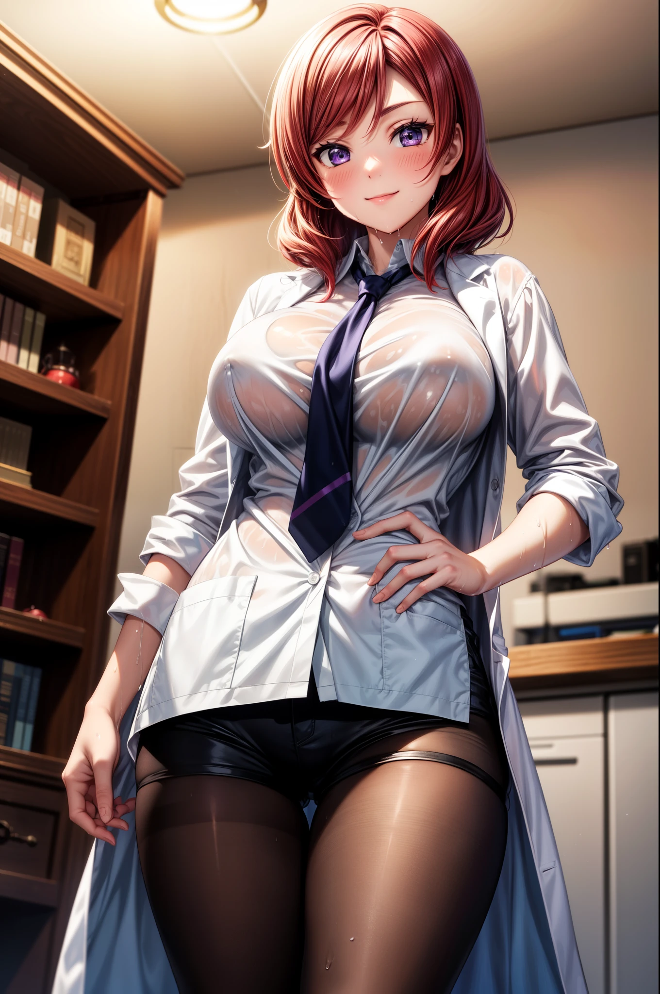 Nishikino maki, Purple eyes, slightly big breasts, bangs,white shirt, short black shorts, dark brown pantyhose, necktie, opened lab coat, standing, dark room lightened by candlelight,wet, slightly smile, blushing, holding a book,contrapposto, narrow waist, wide hip