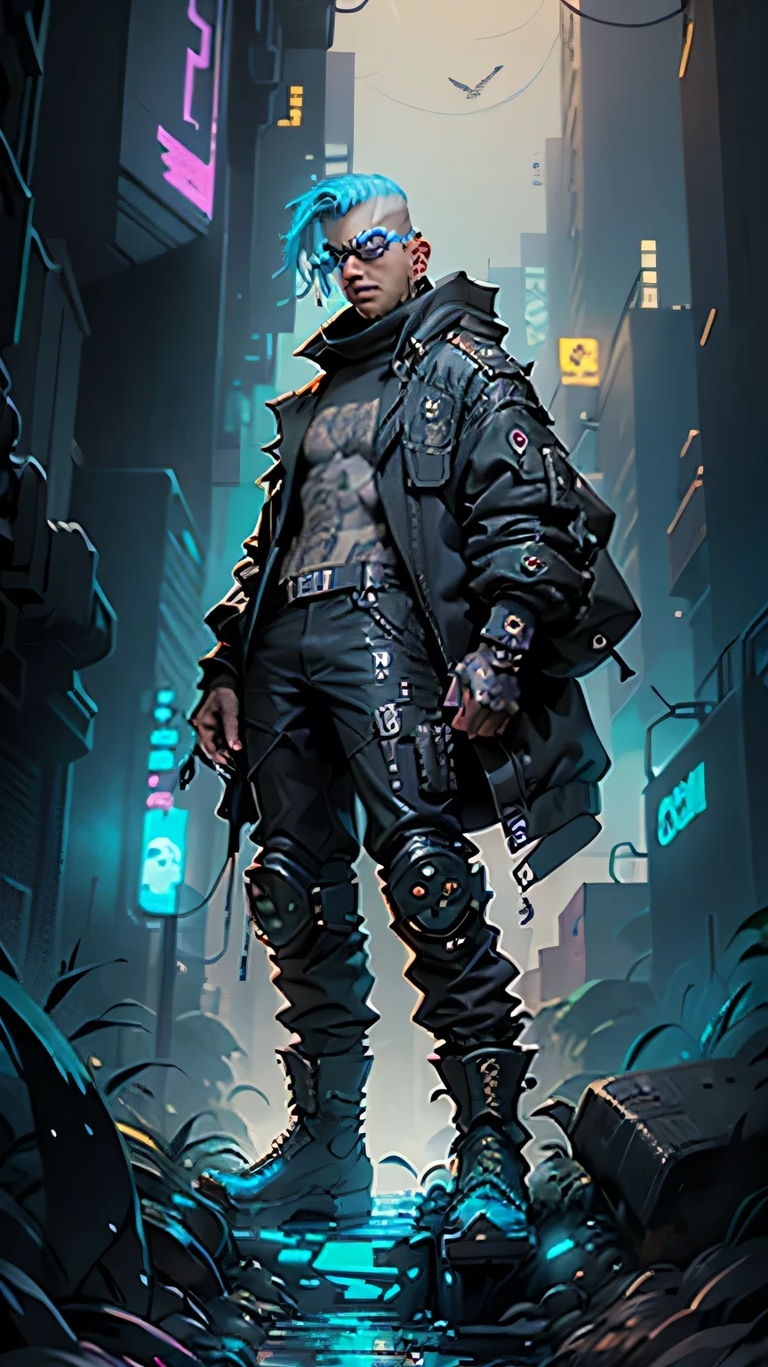 create a man in cyberpunk style, he is floating in the sky in a futuristic setting