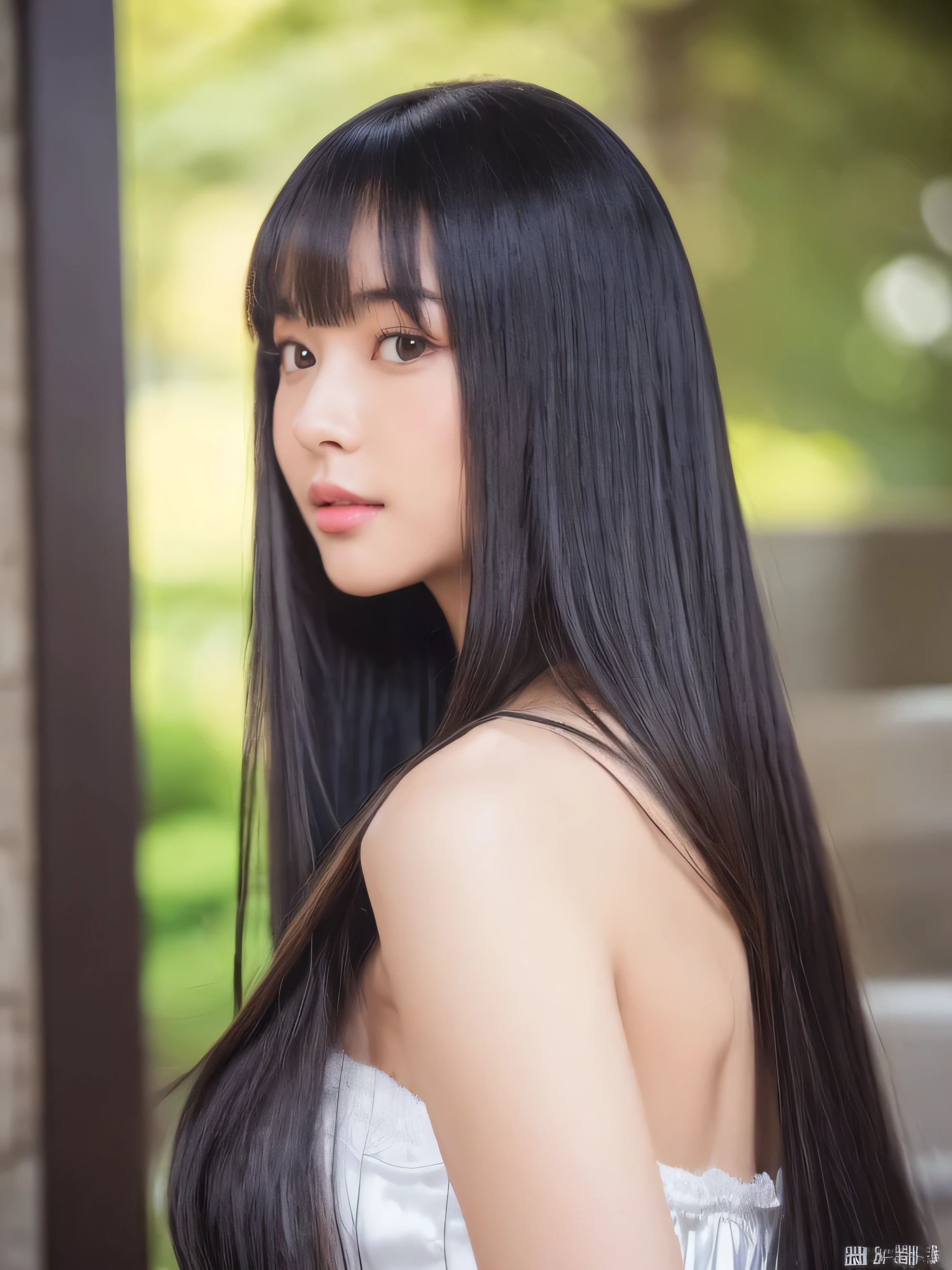 ((highest quality)), ((masterpiece)), (become familiar with), perfect face arafed woman with long black hair standing in front of a wall, long black shiny hair, black silky hair, Extra Dark Natural Black Hair, long straight black hair, long black straight hair, Perfect silky straight hair, straight black hair, long black hair, her hair is long and straight, detailed long black hair white lingerie (huge breasts 1.8) (Super long hair down to the ankles) 1 female Japan'cutest middle schooing model) sensual look erotic expression neat bangs The neatly trimmed bangs are princess cut and cover the entire forehead.. bright red lips Overall rear view Close up of the whole woman fine hands fine fingers five fingers (narrow mouth) natural makeup (Head forward)