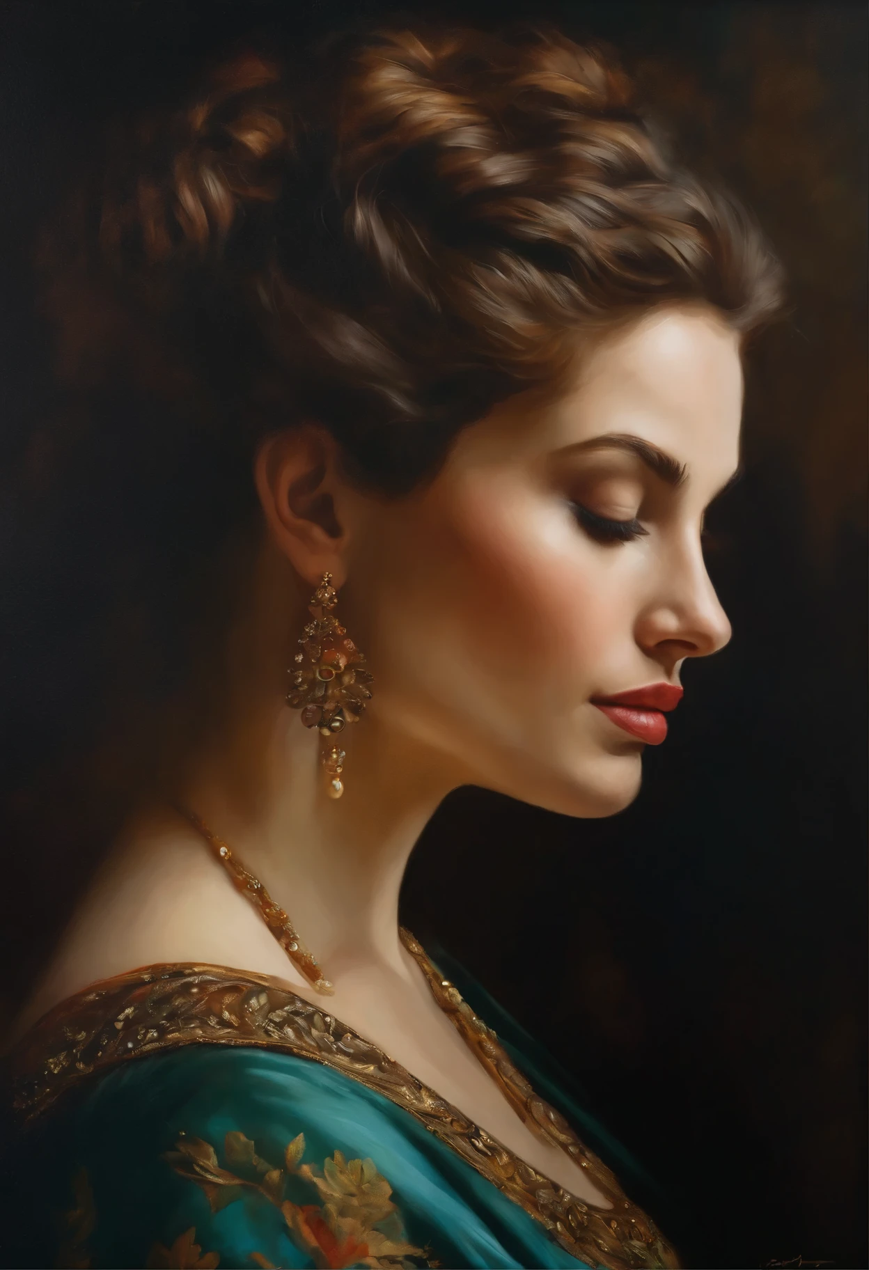 A master oil painting,Close-up of the side face of a beautiful woman