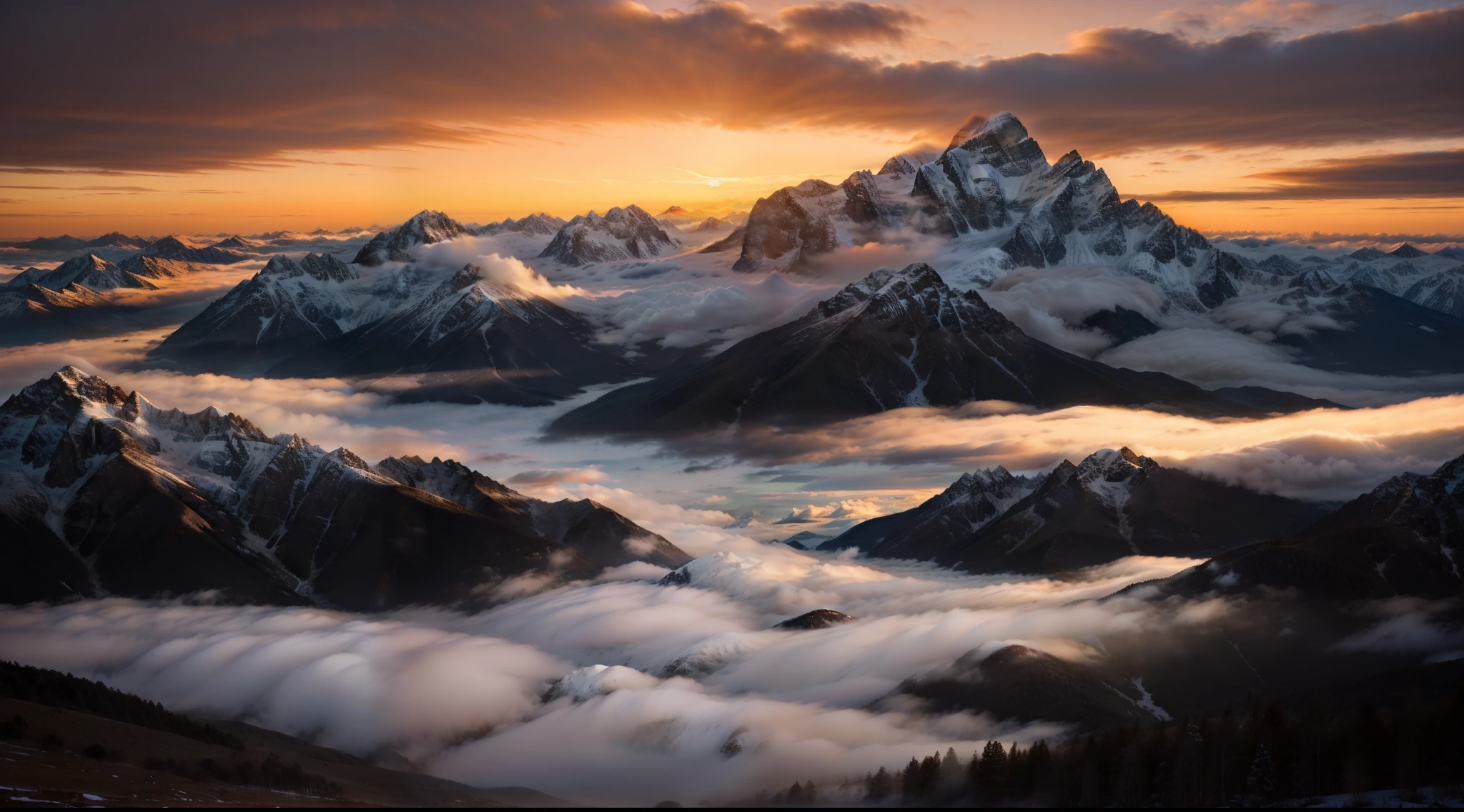 a beautiful scenic view of snowy mountains covered in clouds and fog at sunset, scenery, mountain, cloud, no humans, sky, outdoors