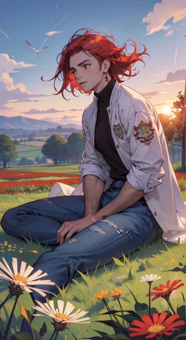 A man and a woman are sitting in a meadow of red flowers, sunset, Irish Man, Campo florescente, Dandelion floating in the wind, estilo romance, garoto e mulher, flores vermelhas, garoto de jaqueta de couro e causa jeans, Flying dandelion