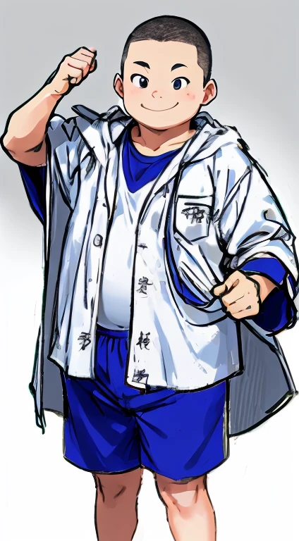 A fat, ugly boy with a shaved head is standing with a smile on his face wearing a white happi coat and gym shorts.。