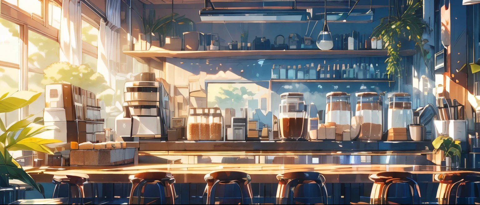 (masterpiece:1.2), best quality,cozy animation scenes, scenery, cityscape, city, window, cloud, sky, food, indoors, computer, book, pillow, chair, cake, monitor, cup, plate, skyline, lying, Imagine yourself stepping into a cozy cafe, where the scent of freshly brewed coffee wafts through the air, and soft jazz music plays in the background. Describe the warm ambiance of this inviting space, where comfortable armchairs beckon you to sink in and unwind with a good book or catch up with a friend over a steaming cup of your favorite brew. the soothing atmosphere, the friendly chatter of patrons, and the gentle glow of warm lighting that envelops you in a sense of tranquility and comfort. A person is brewing coffee meanwhile the other chatting with their friends. ((1girl, adult, dark blue hair, messy hair, medium size hair, light blue eyes, black shirt, black jeans, beige apron)), working, bartender, waitress, making coffee, cafe bar, concentration, looking away, happy, cozy, chill, illustration, masterpiece, ghibli, perfection, high quality, converse shoes, behind the bar counter, doing her job, customers, sunny, black cross earrings, anime lofi, warm, gold temperature