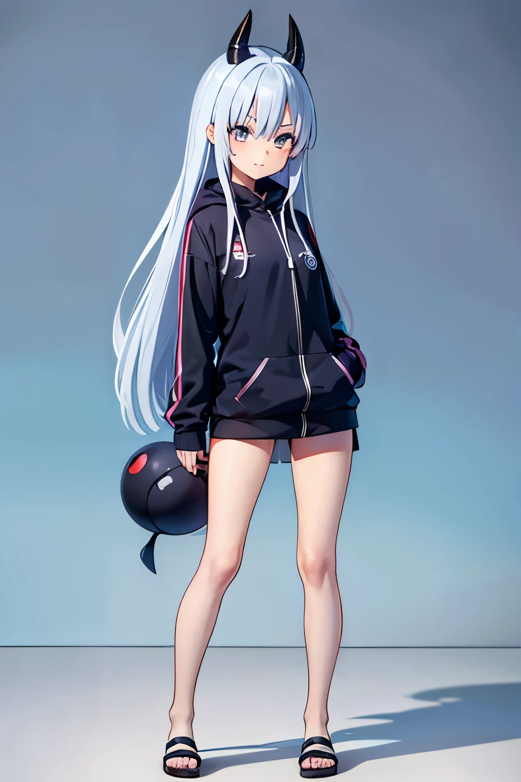  A cartoon drawing of a girl with horns and long hair, best anime character design, Modelo de cuerpo completo Anime Vtuber, Personaje de anime, Full body anime illustration, anime character design, como personaje de anime, Personaje de estilo anime, character adoptable

Este personaje de anime es una adolescente con cuernos de 2 y 13,2 centimeters high and 1,28 centimeters thick. Its horns are located on the upper left side of its head and show traces of its former life as a Hollow helmet..

Tiene el pelo gris y negro, corto.  Her breasts are small, con una altura de 2 y 1,5 centimeters high and a thickness of 1,10 centimeters. He is 14 years old in shorts and (sudadera con capucha).  ((4ｋ、8ｋ、top-quality、perfect fingers：1.3、perfect anatomia：1.3、Blur the background))、((stright long hair：1.3、sixteen years old、a beautiful slender girl、a baby face))、((onepiece swimsuit))、(Cute big round eyes)、blushing shy smile、Full Body Display、is standing、blue-sky、White sandy beach、

