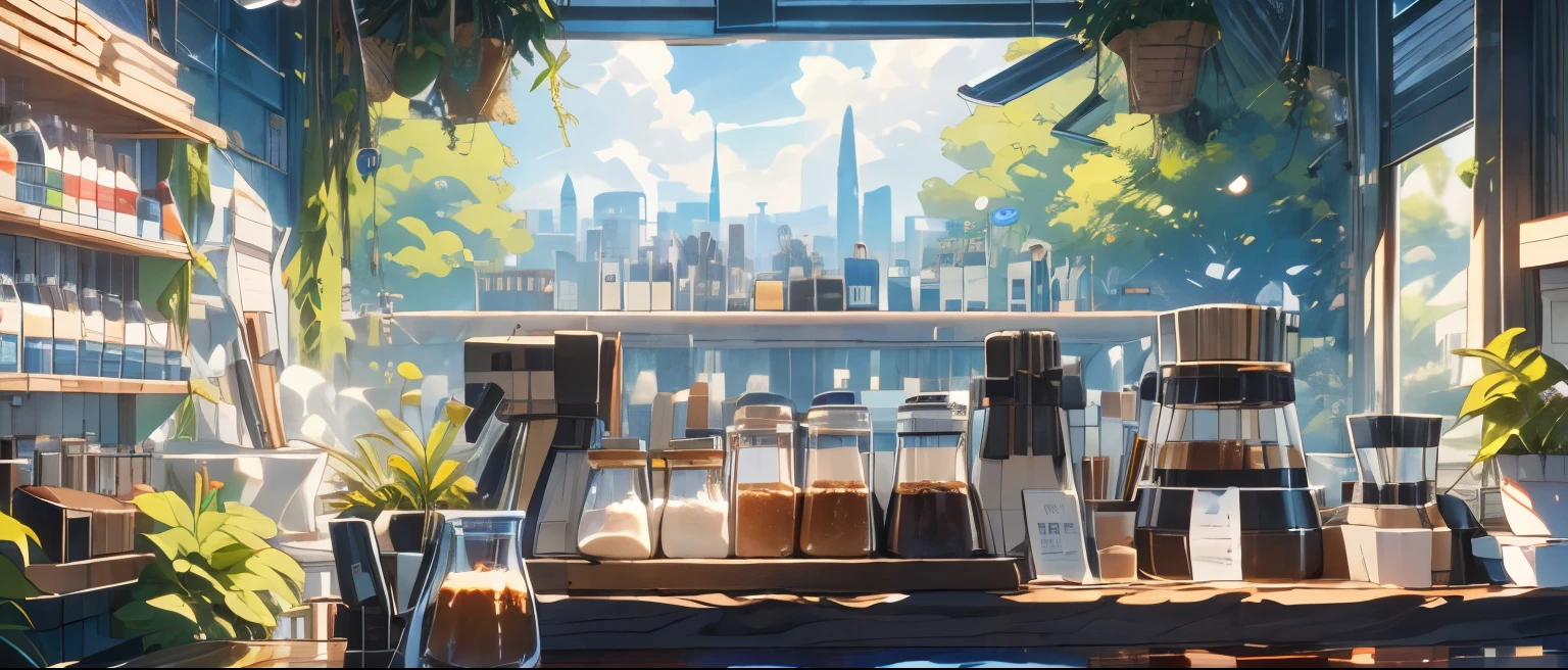 (masterpiece:1.2), best quality,cozy animation scenes, scenery, cityscape, city, window, cloud, sky, food, indoors, computer, book, pillow, chair, cake, monitor, cup, plate, skyline, lying, Imagine yourself stepping into a cozy cafe, where the scent of freshly brewed coffee wafts through the air, and soft jazz music plays in the background. Describe the warm ambiance of this inviting space, where comfortable armchairs beckon you to sink in and unwind with a good book or catch up with a friend over a steaming cup of your favorite brew.  the soothing atmosphere, the friendly chatter of patrons, and the gentle glow of warm lighting that envelops you in a sense of tranquility and comfort. A person is brewing coffee meanwhile the other chatting with their friends. 1girl, adult, dark blue hair, messy hair, medium size hair, light blue eyes, black shirt, black jeans, beige apron, working, bartender, waitress, making coffee, cafe bar, concentration, looking away, happy, cozy, chill, illustration, masterpiece, ghibli, perfection, high quality, converse shoes, behind the bar counter, doing her job, customers, sunny, black cross earrings, anime lofi, warm, gold temperature