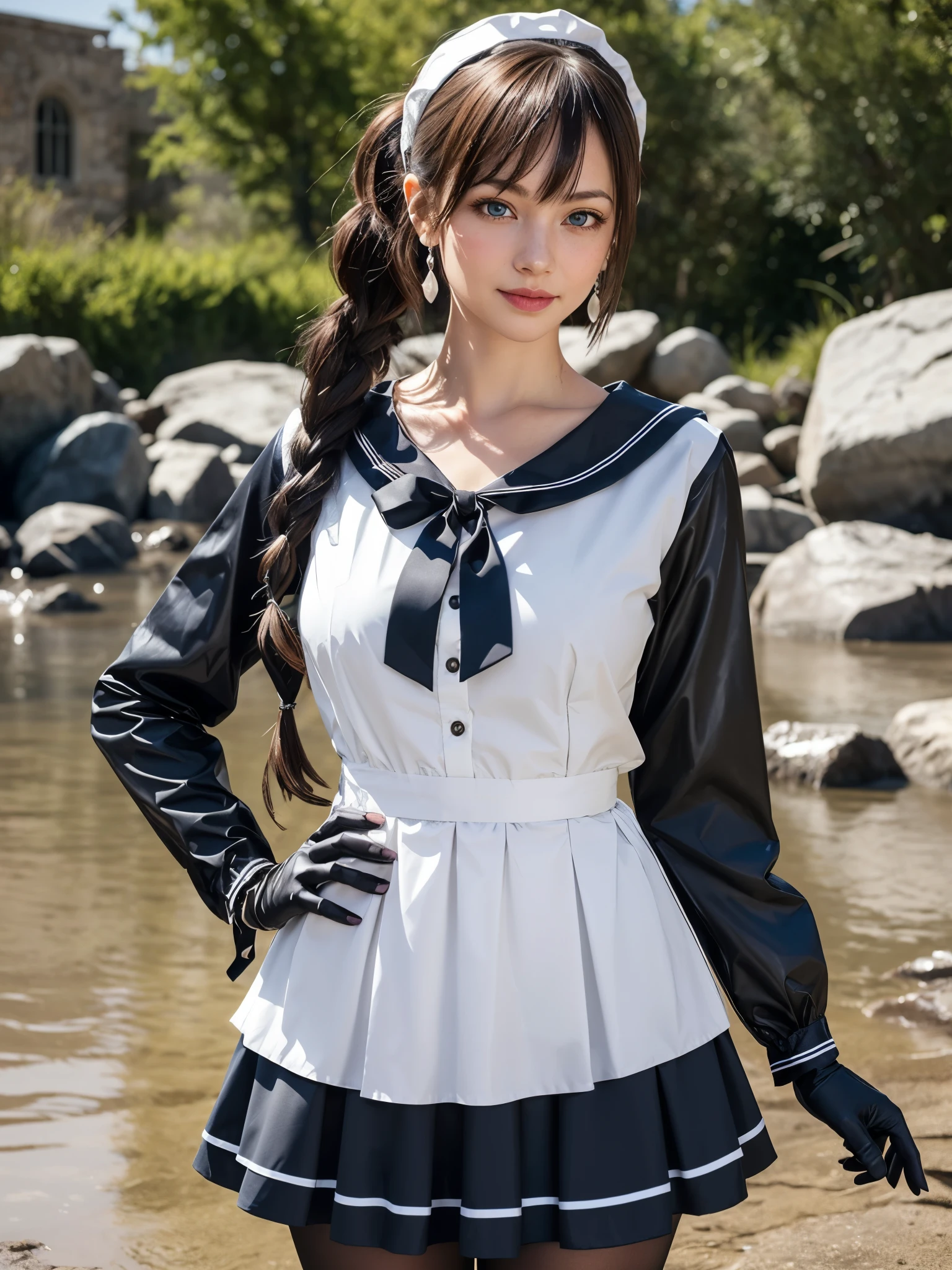 girl wearing sailor , BREAK, 1girl, long sleeve blouse with ribbon, plain pleated skirt, absurdly very very thick long hair, bangs, shy gesture pose and expression, big arranged rock wall, 8k, masterpiece, ginger hair, high twintails, wet, wet clothes, wet hair, looking at viewer, blue eyes, huge cross statement earring, outdoor, gothic maid, badges, sexy maid dress, detailed silver cross, (realistic:1.2), latex glove, white snowy color, red neon, white lingerie, detailed flower wreath,