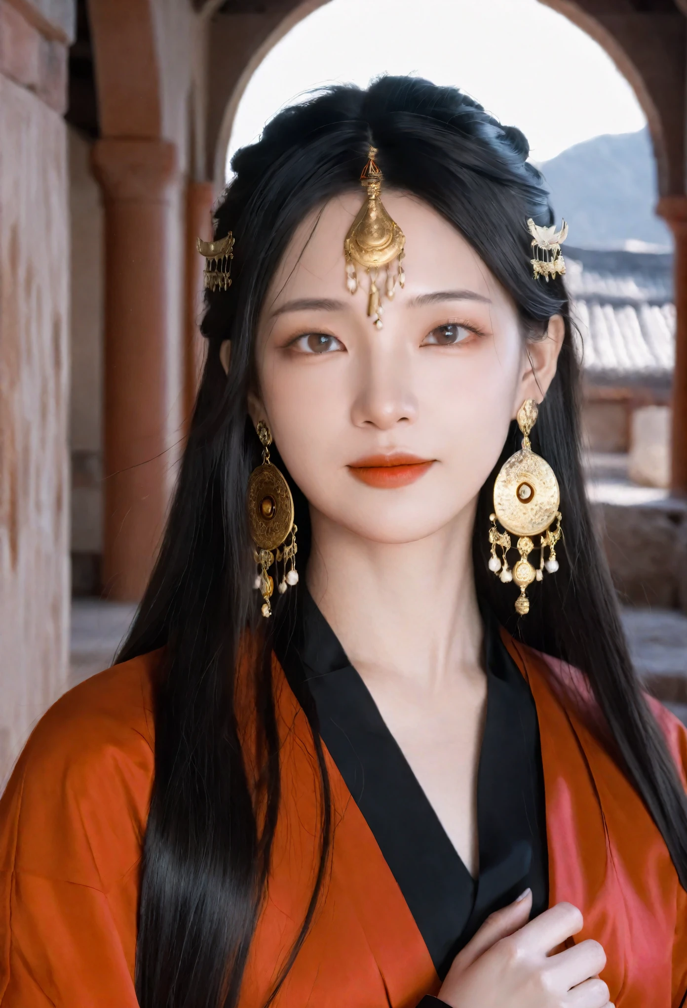 Concept art, fantasy theme, close-up shot, dramatic and highly detailed. A girl with long black straight hair and red eyes, wearing black armor and a red robe. She has a beautiful face and a perfect female figure, adorned with an earring. Her posture is alluring and prestigious, with a focus on her upper body as she looks into the distance with an evil laugh. The background features an indoor scene with ruins and fire, creating a mystical and intense atmosphere. High contrast lighting, Nikon camera, 100mm lens, F1.2 aperture.