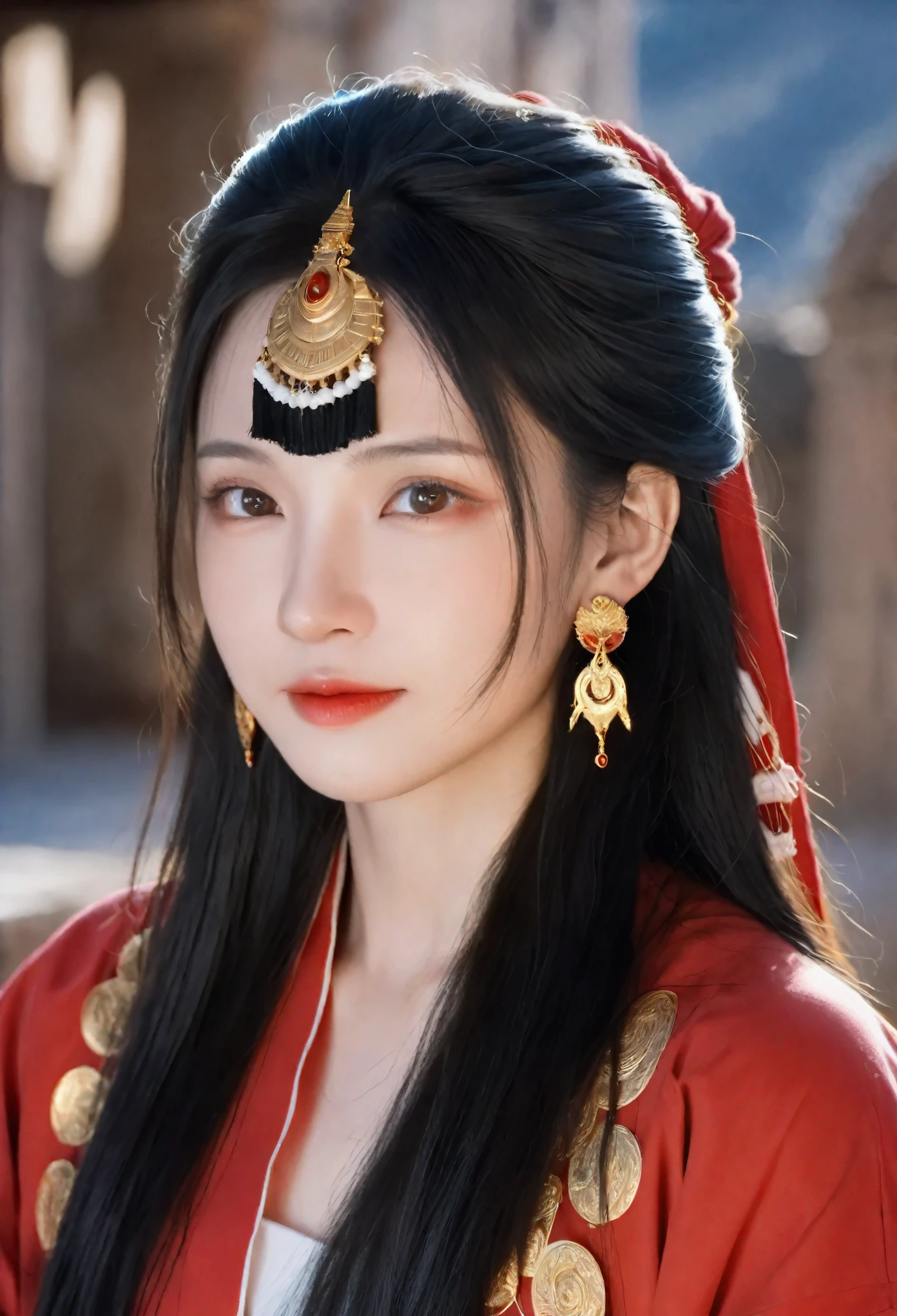 Concept art, fantasy theme, close-up shot, dramatic and highly detailed. A girl with long black straight hair and red eyes, wearing black armor and a red robe. She has a beautiful face and a perfect female figure, adorned with an earring. Her posture is alluring and prestigious, with a focus on her upper body as she looks into the distance with an evil laugh. The background features an indoor scene with ruins and fire, creating a mystical and intense atmosphere. High contrast lighting, Nikon camera, 100mm lens, F1.2 aperture.