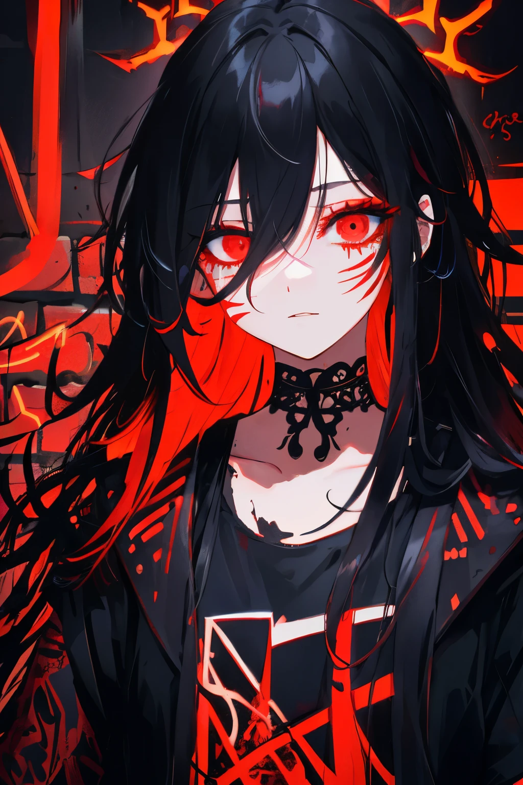 best quality, intricate details, chromatic aberration,
1girl, long hair, black hair, messy hair, red highlights, hair over one eye, red eyes, sharp eyes,
choker, neon shirt, torn legwear, open jacket,
against wall, brick wall, graffiti, glowing grafiti, glowing tattoos, glow, neon lights,
blacklight,
