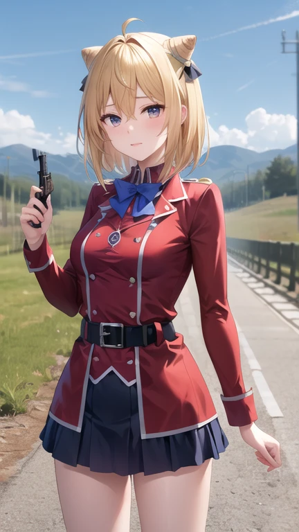Obra maestra, mejor calidad, high resolution, 1 chica, solo, pelo largo, pelo rubio, cone hair bun, adorno para el pelo, ingestas de cabello, ahogo, golpes, ojos rojos, pajarita azul, chaqueta roja, abrigo rojo, mangas largas, belt, falda blanca, correas de liga, muslos blancos, de pie, tiro de vaquero, al aire libre