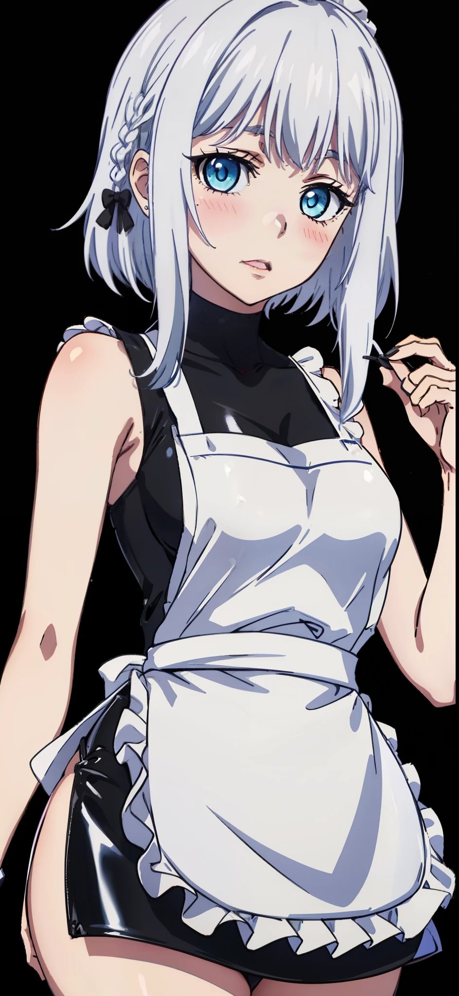 1 girl, kanon kanase, blush, medium breasts, sleeveless,((cowboy_shot, latex apron, black background)), 20-year-old, healthy skin.