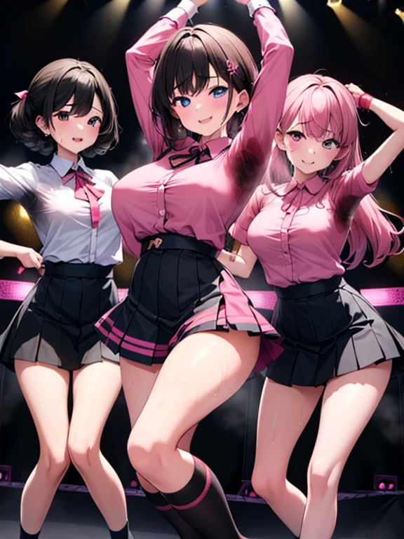 (((masterpiece, highest quality, High resolution, 超High resolution, Perfect Pixel, Depth of written boundary, 4K, RTTX 10.0, High resolution))), (Three adult women:1.3), Beautiful Anime Woman, Beautiful art style, Anime characters, ((Long Hair, bangs, Dark brown hair, Various hairstyles, ponytail, Twin tails)), ((Beautiful eyelashes)), ((Detailed face, blushする:1.2)), ((Smooth texture, Realistic texture, Anime CG Style)), Perfect body, (Slender body:1.2), Beautiful and big breasts, Exact finger count、Exact number of legs、Exact number of arms, (blush:1), (The three women stand side by side, lifting their skirts in a sexy pose.:1.8), (Maid Headband, Fashionable white shirt, Sailor collar, (garter belt:1.2), (Black knee socks:1.4), High heels, Pleated mini skirt:1.4), Realistic, highest quality, High resolution, 非常にDetailed face, Perfect lighting, Extremely detailed CG, (Perfect hands, Perfect Anatomy), Embarrassed expression, (Outdoor Stage, Live Performance Venues, On Stage, Audience in the background, Spectators in the foreground:1.5), Stage lighting, whole body, ((Stylish shiny satin panties, Stylish lace side-tie panties, Black Trim, White panties, Panties with gorgeous embellishments:1.3)), Angle from the front、(Beautiful and thin thighs:1.2), Feeling embarrassed, (Fellatio on a microphone stand:1.7)