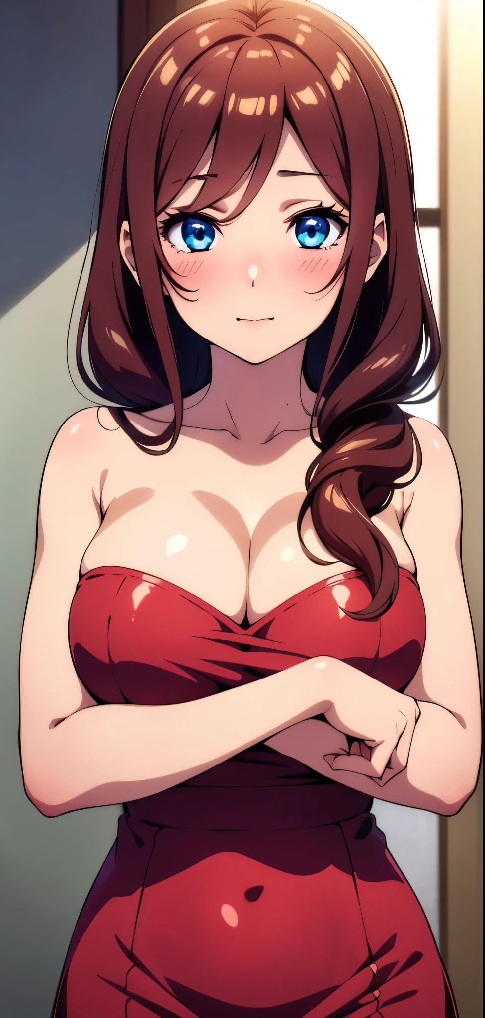 1girl,Miku nakano, sexy, detailed brown hair, beautiful detailed blue eyes, pinkish white skin, blushing, beautiful detailed face, happy expression, tight red dress, busty, arms crossed , hands detailed finger by finger , looking straight ahead , Good shadows, good lighting, 8k