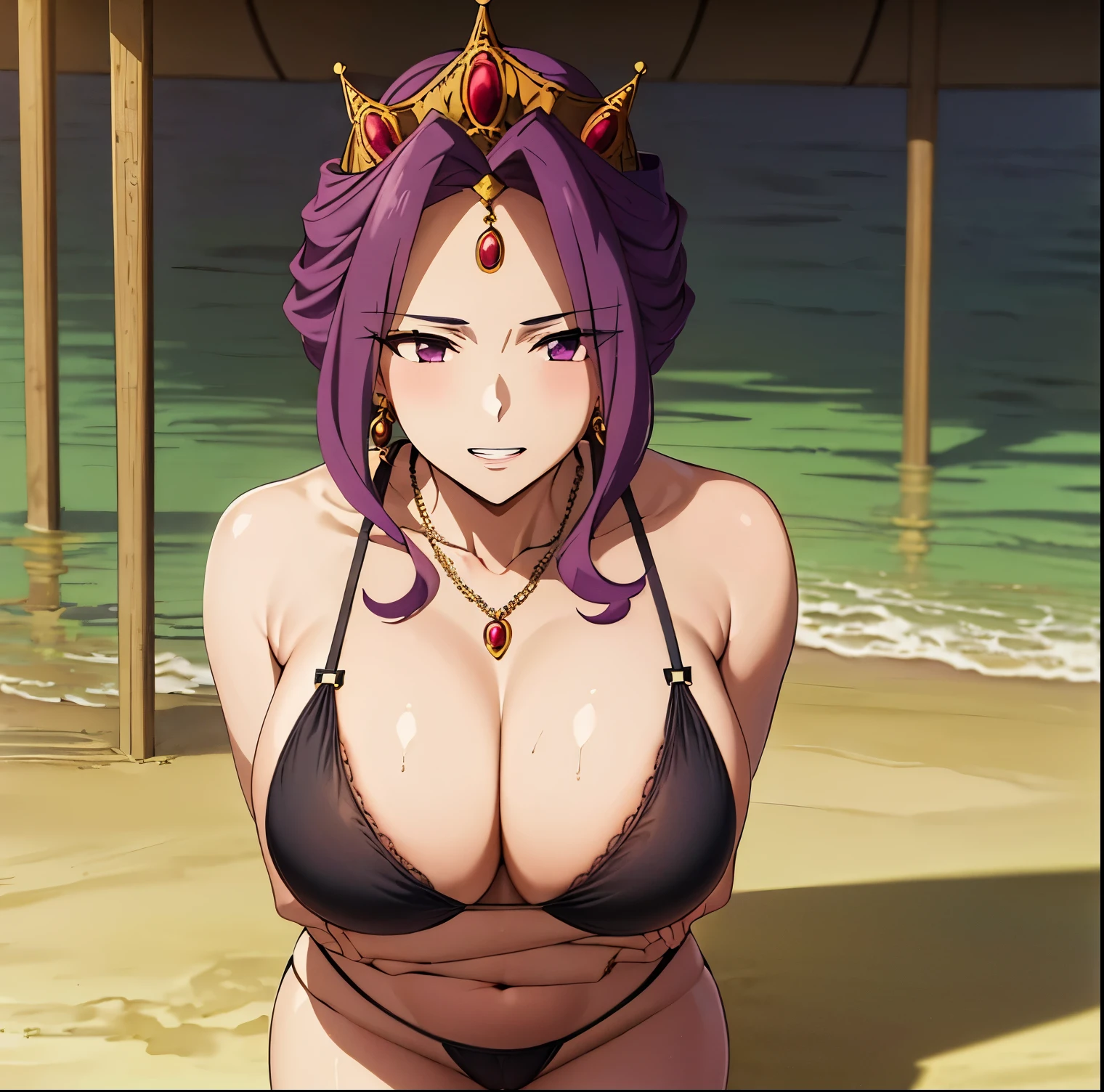 1girl, alone,Mirellia_q_melromarc, Milf, 1 girl, alone, Standing, (big breasts), (wide hips), (wide thighs), (black bikini), (black bra), (black thong), (teeth), crown, necklace, purple_hair, purple_eyes, lips, jewelry, earrings, Smile, beach, embarrassed, perfect hands, perfect anatomy 