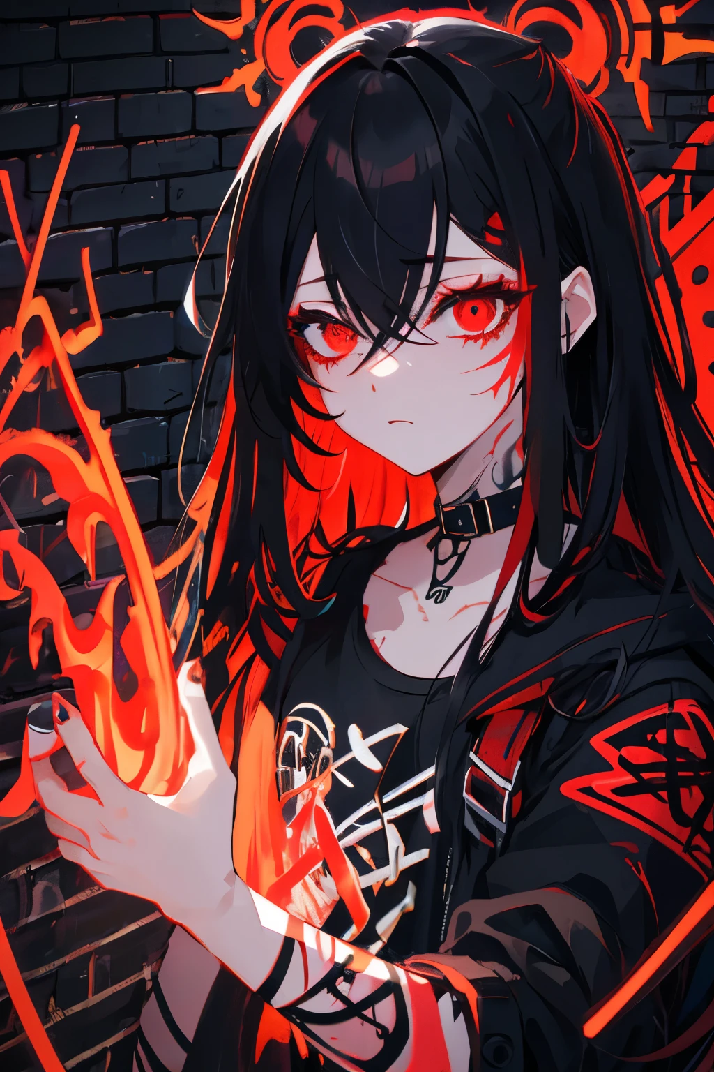 best quality, intricate details, chromatic aberration, 

1girl, long hair, black hair, messy hair, red highlights, hair over one eye, red eyes, sharp eyes, 

choker, neon shirt, torn legwear, open jacket, 

against wall, brick wall, graffiti, glowing grafiti, glowing tattoos, glow, neon lights, 


blacklight,  