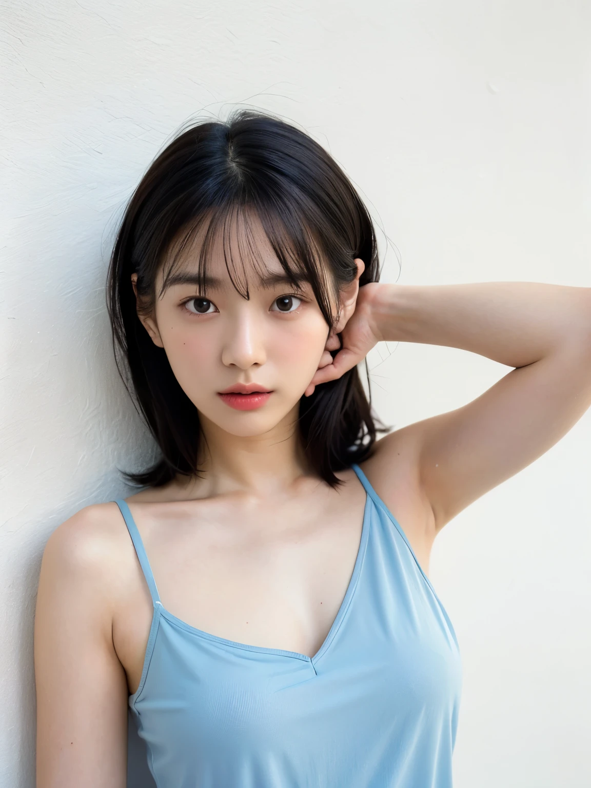 See-through tops、Big Breasts、camisole、(背景にWhite wall、Some of her hair is sky blue:1.4)、White wall、Taken in front of a white door、(窓のあるWhite wallの部屋)、((highest quality、8k、masterpiece:1.3))、Ultra-high resolution、(photoGenuineistic:1.4)、RAW Photos、Japanese,(Detailed aspect)、Genuine、Photographed in natural light、Highly detailed face and skin texture、Highly detailed lips、The correct state of the human body、Medium Hair、Black Hair、Various poses、Natural color lip