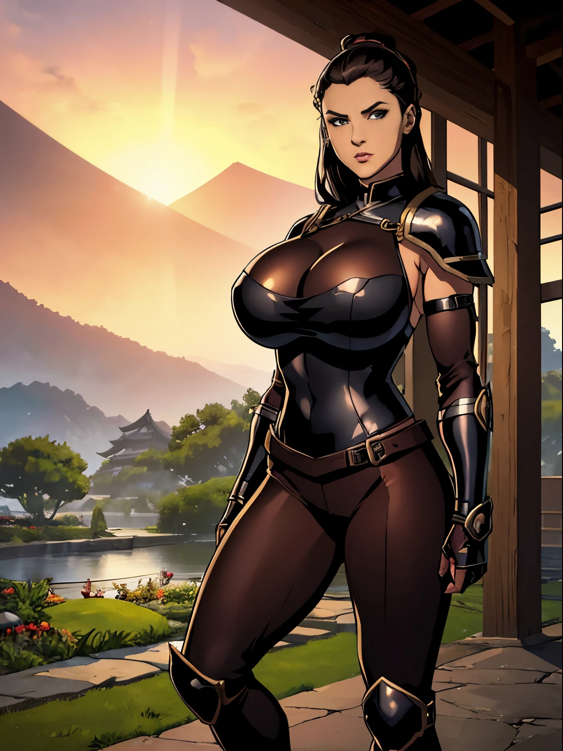 (masterpiece, top quality, best quality, official art, beautiful and aesthetic:1.2), (1girl:1.3), dark brown hair in a tight bun, extremely detailed, portrait, looking at viewer, solo, (full body:0.6), detailed background, close up, (warm summer Feudal Japan theme:1.1), samurai, charlatan, mysterious, standing in a garden, samurai armor, samurai helmet, crest, pauldrons, hip armor, breastplate, greaves, bracers, gloves, katana, banner, metal, black leather, breeches, leggings, loose pants, bracers, armor, gauntlets, boots, buckles, straps, ((((gigantic breasts)))), slim waist, slim hips, long legs, sunset, Feudal Japan, Mount Fuji, (Japanese garden exterior:1.1) background, dark mysterious lighting, shadows, magical atmosphere, dutch angle,