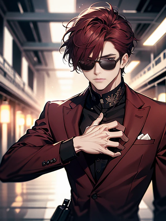 (ultra-detailed, perfect pixel, highres, best quality, beautiful eyes finely detailed), male, Short hair, Part bangs, Maroon hair, light red eyes, black suit, sunglass, modern, commander, motion blur, 8k, super detail, accurate, best quality.