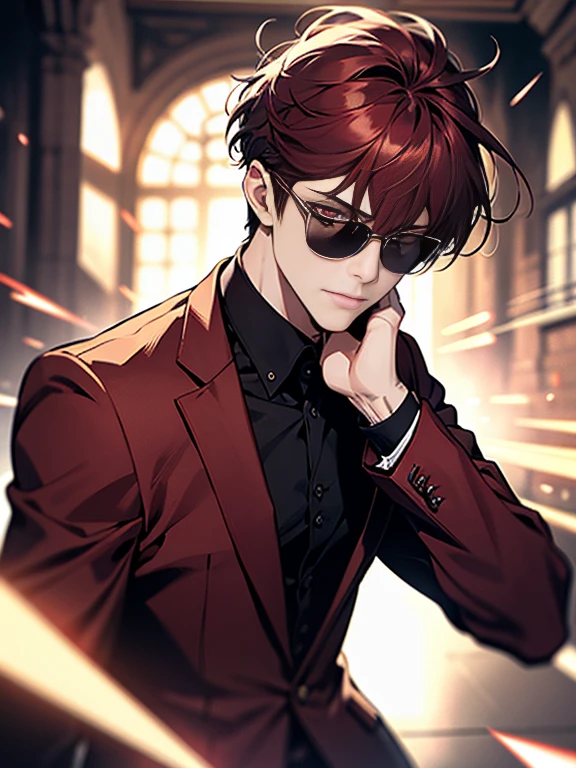 (ultra-detailed, perfect pixel, highres, best quality, beautiful eyes finely detailed), male, Short hair, Part bangs, Maroon hair, light red eyes, black suit, sunglass, modern, commander, motion blur, 8k, super detail, accurate, best quality.