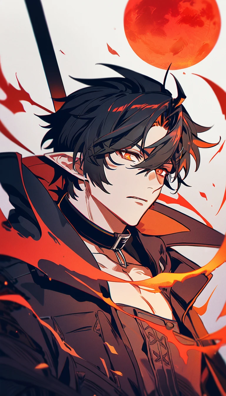 (absurdres, highres, ultra detailed, HDR), master piece, best quality, delicate features, Flamebringer, Arknights, black short hair, hair between the eyes, expressive orange eyes, pointy ears, black horns, solo, man, handsome, toned chest, black leather pants, black collar, red moon, red butterflies, red flames