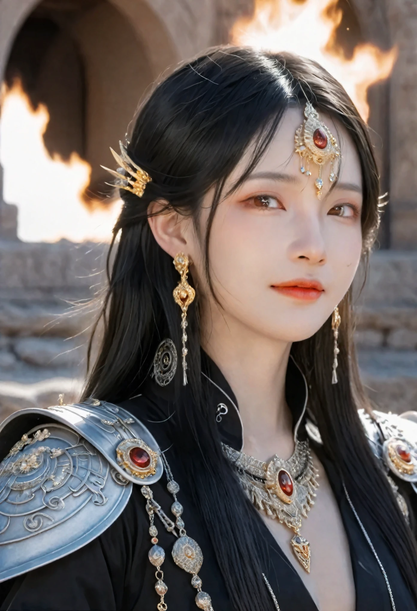 Concept art, fantasy theme, close-up shot, dramatic and highly detailed. A girl with long black straight hair and red eyes, wearing black armor and a red robe. She has a beautiful face and a perfect female figure, adorned with an earring. Her posture is alluring and prestigious, with a focus on her upper body as she looks into the distance with an evil laugh. The background features an indoor scene with ruins and fire, creating a mystical and intense atmosphere. High contrast lighting, Nikon camera, 100mm lens, F1.2 aperture.