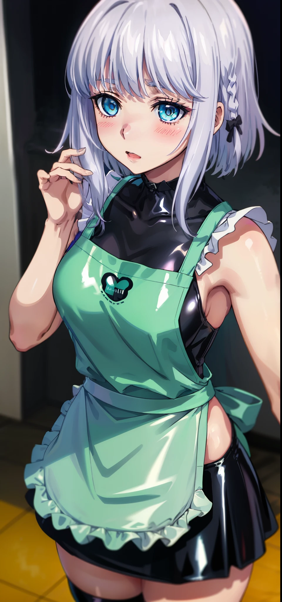 1 girl, kanon kanase,  blush, medium breasts, sleeveless,((cowboy_shot, latex apron, latex shirt, latex skirt)),  20-year-old, healthy skin.