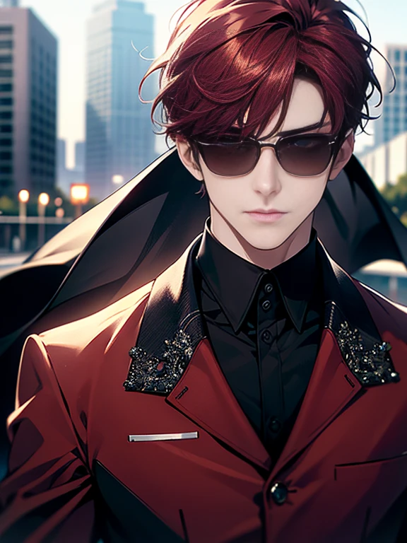 (ultra-detailed, perfect pixel, highres, best quality, beautiful eyes finely detailed), male, Short hair, Part bangs, Maroon hair, light red eyes, black suit, sunglass, modern, commander, motion blur, 8k, super detail, accurate, best quality.