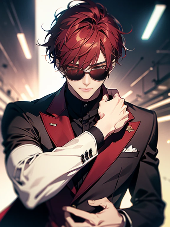 (ultra-detailed, perfect pixel, highres, best quality, beautiful eyes finely detailed), male, Short hair, Part bangs, Maroon hair, light red eyes, black suit, sunglass, modern, commander, motion blur, 8k, super detail, accurate, best quality.