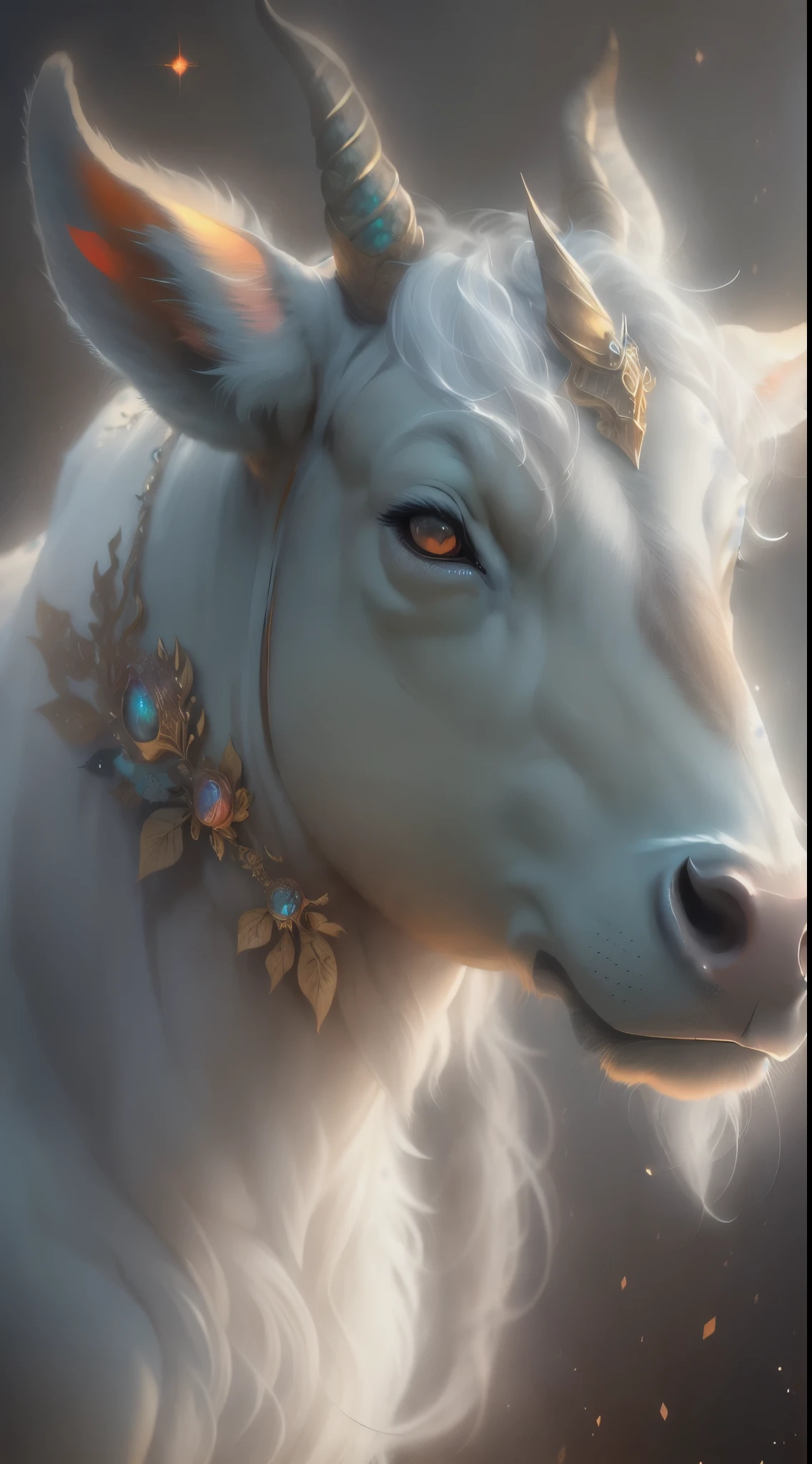 (((masterpiece))), (((best quality))), ((ultra-detailed)),(highly detailed CG illustration), ((an extremely delicate and beautiful)),cinematic light. This image is highly detailed, semi-realistic fantasy art with beautiful shimmer, glimmer, and glitter. Create a beautiful and graceful fantasy cow-unicorn. The creature should have the best features of both unicorn and cow. The creature is cute and graceful and elegant. Its eyes are highly detailed, with realistic shading and realistic details. Its fur is beautiful and shimmering.