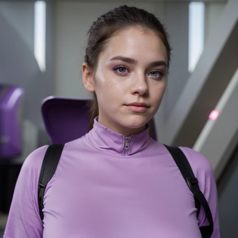 photo of a college student, in Purple Pink, futuristic space suit, (freckles:0.8) cute face, sci-fi, dystopian, detailed eyes, Heterochromia eyes((Side view))