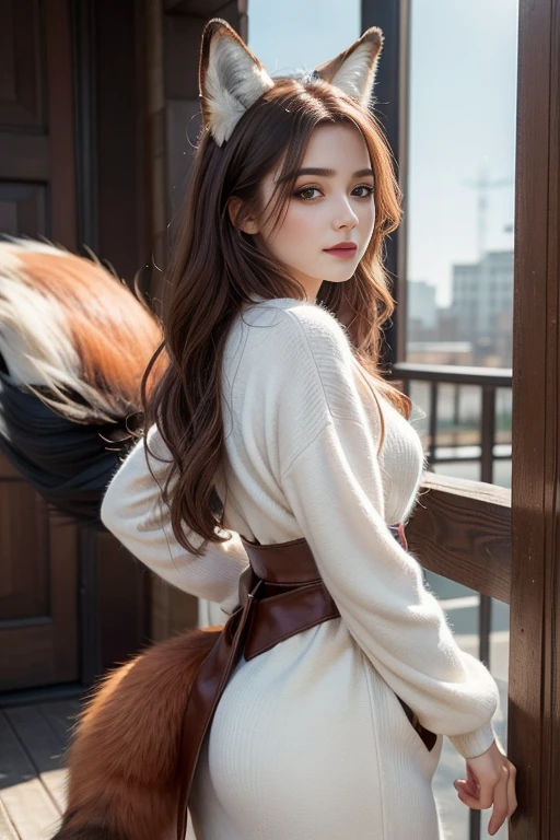 ((highest quality)), ((masterpiece)), (Get used to it), Perfect Face, Fox Woman, Beautiful woman, public, It has a tail, She has a fluffy tail, She has a fox&#39;s tail, She wags her tail, Troubled face, Dog collar, Get on all fours, she is wearing sexy clothes, Beautiful Hips, Big Breasts , Big tail