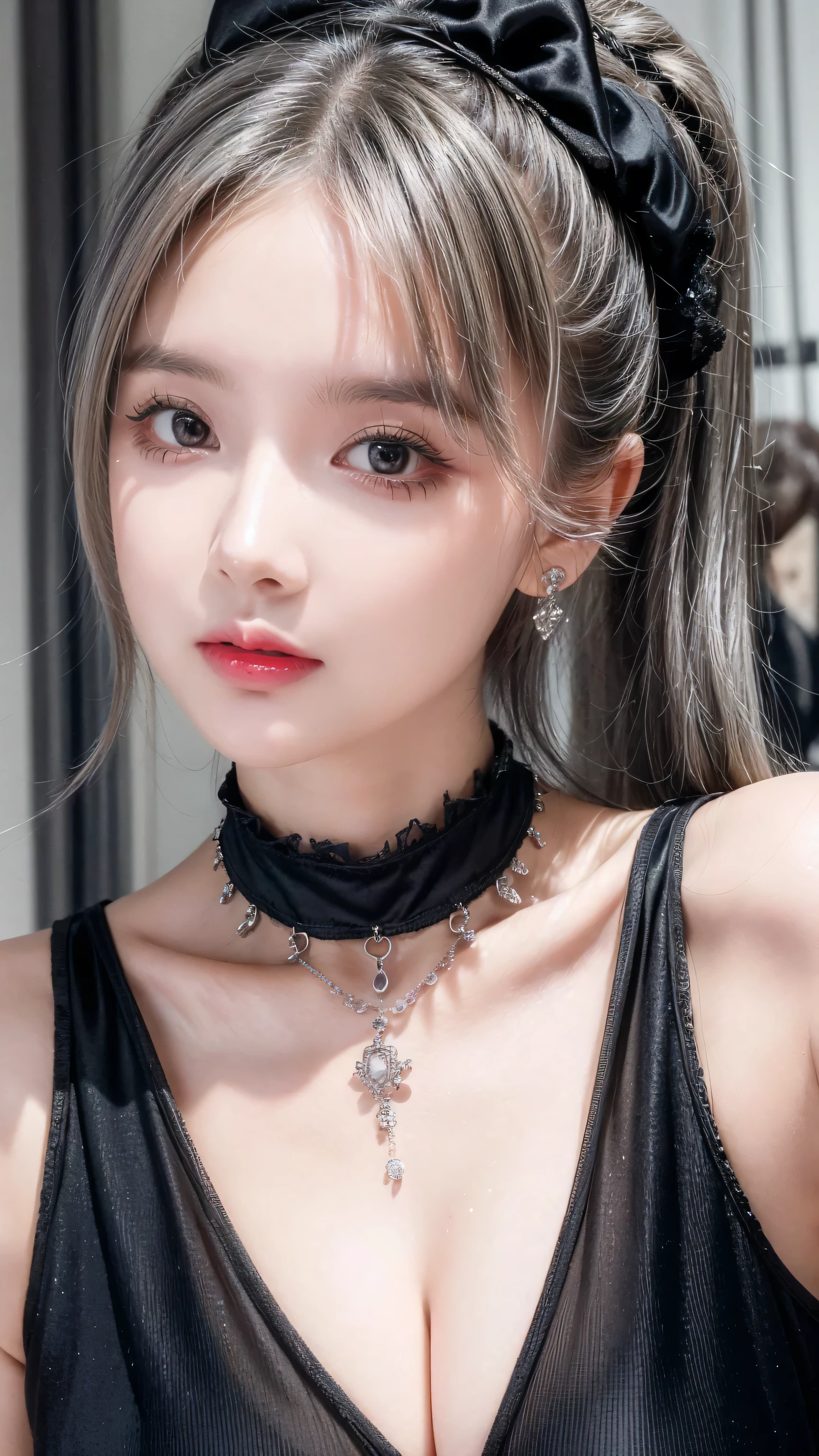 high quality, Rich in details, The silver-haired girl with twin ponytails poses cutely. They are wearing vintage gothic clothing, Wearing a bracelet, Earrings and necklaces. Big ones can also be seen. The photo is a close-up of the face, With cleavage, Shiny Breasts, Sweat in cleavage, And sexy breath.