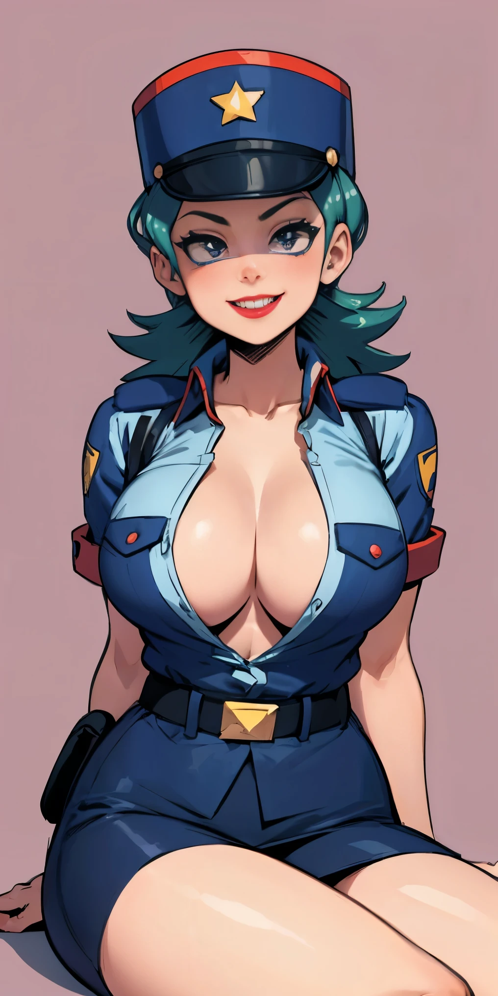 Jenny-pokemon, goregous police woman, sitting, perfect legs, ((arms behind back)), unbutton shirt, busty, colossal cleavage, lipstick, smiling, police cap, ((plain background:1.3))