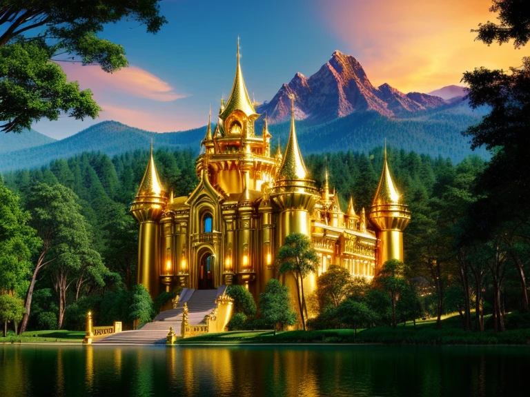 Very high quality background images，No characters will be displayed，A luxurious golden castle in the middle of a large forest, Like El Dorado