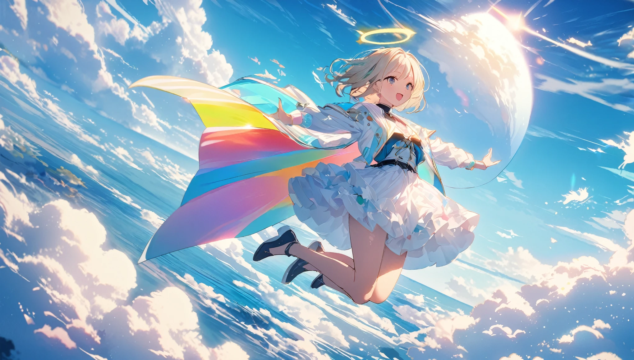 1 girl, a halo of angels above the girl, midair, noon, horizon, in the blue sky, sea of clouds, colorful, high-res, 8K