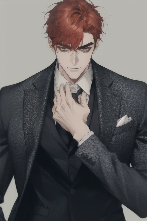 masterpiece, best quality, realistic, 1man, male focus, tall muscular, handsome, [thick eyebrows:0.5], smile, suit, portrait, extremely detailed face, red hair, (short hair)