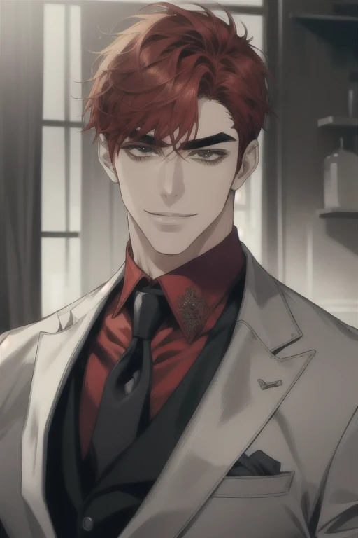 masterpiece, best quality, realistic, 1man, male focus, tall muscular, handsome, [thick eyebrows:0.5], smile, suit, portrait, extremely detailed face, red hair, (short hair)