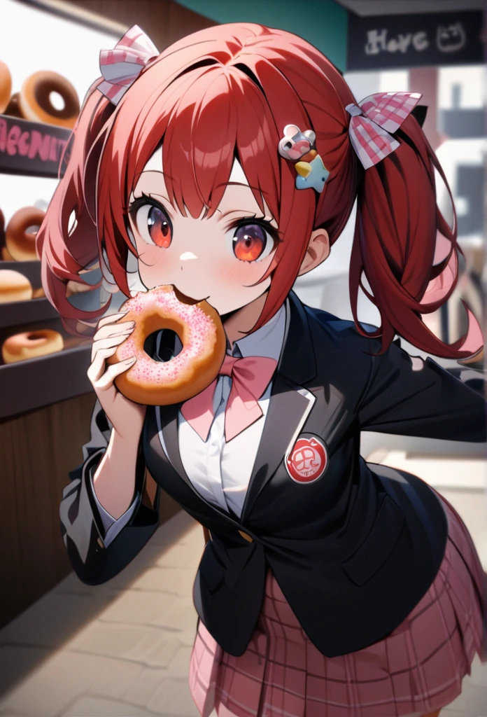 High quality, high definition, hig
h precision images,8k 1 Girl Robot Girl、red hair,Twin tails,Red eyes,Leaning forward Head decoration、School stuff,have a student bag,robot style red and white barrette、black jacket,pink ribbon on the chest checkered brown skirt,Inside the donut shop、Eating a donut, smiling